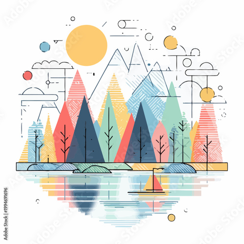 Abstract Geometric Mountain Landscape with Sun and Lake