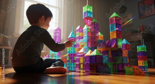 Child playing with magnetic blocks in sunlit home interior