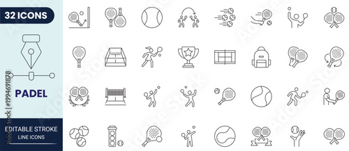 Padel icon set in outline style. Editable stroke. Vector icon collection.