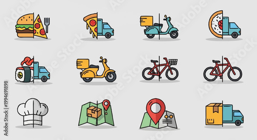 Food delivery icons with transportation and navigation symbols.