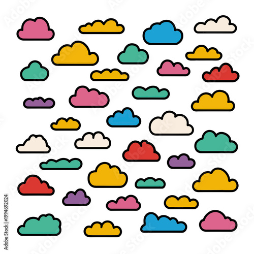 Collection of Colorful Cartoon Clouds Scattered Across a White Background