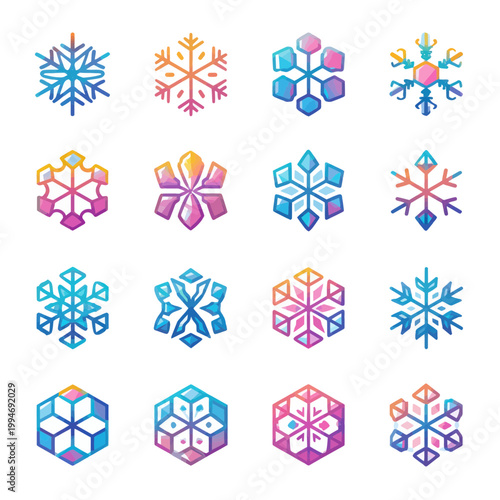 Collection of Diverse and Colorful Snowflake Designs