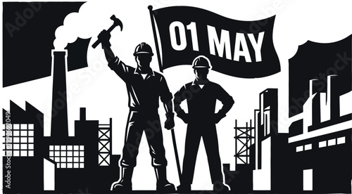 Two workers with flag celebrating may 1st in a factory