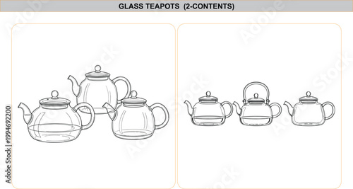Black and white line art illustration of glass teapots, isolated vector sketch, kitchenware design, classic tea brewing equipment, outline drawing.
