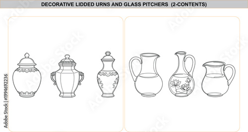 Black and white line art vector illustration of decorative lidded urns, ginger jars, and glass water pitchers, isolated sketch design.