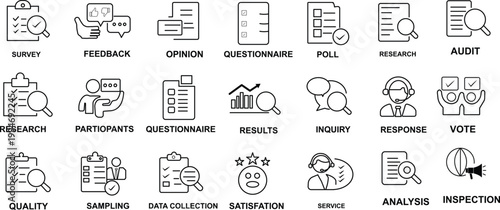 Set of linear icons with Survey concept in purple, yellow on blue colors. Icons present different types of online and paper survey.