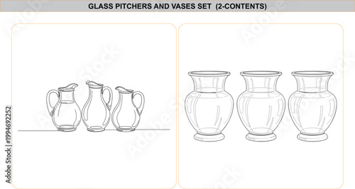 Black and white line art vector illustration of empty glass water pitchers and decorative flower vases, isolated on white background.