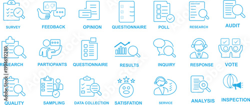 Set of linear icons with Survey concept in purple, yellow on blue colors. Icons present different types of online and paper survey.