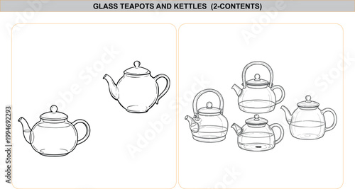 Black and white line art vector illustration of glass teapots and tea kettles, isolated sketch design for kitchenware, outline drawing.