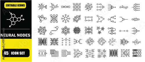 Neural Network Nodes Connection Icon Set – Machine Learning Systems, AI Data Flow, Connected Neurons, Graph Networks, Deep Learning Architecture and Computational Intelligence Line Icons – Thin Line E