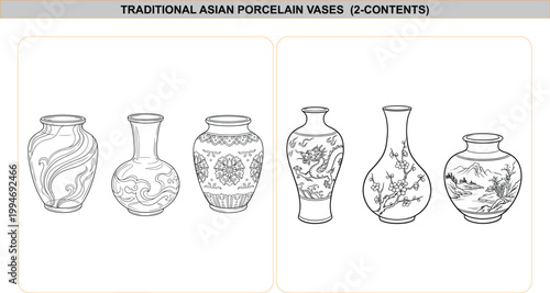 Black and white line art vector illustration set of traditional Asian porcelain vases with dragon, floral, and landscape pattern designs.