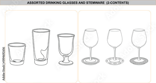 Continuous line drawing vector illustration of assorted black and white drinking glasses, wine goblets standing on decorative coasters, isolated design.