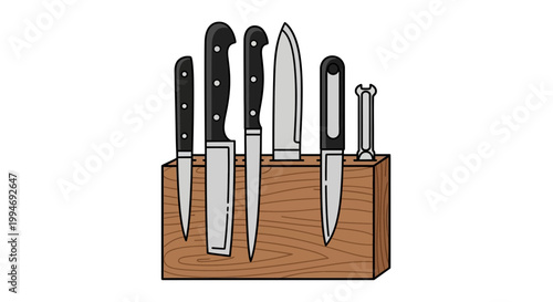 Set of kitchen knives in block.