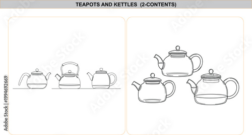 Line art illustration, black and white vector drawings of classic tea kettles and glass teapots, isolated on white background design.