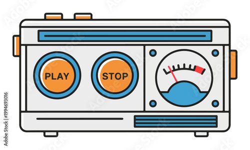 Retro tape recorder icon with play stop buttons and analog meter