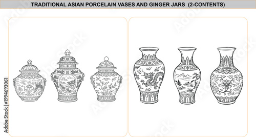 Set of traditional Asian porcelain ceramic vases, ornate oriental lidded ginger jars, black and white line art vector illustration design.
