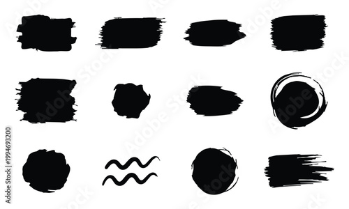 Black grunge brush stroke set. Rough ink paint circle shapes and thick text blocks. Vector elements.