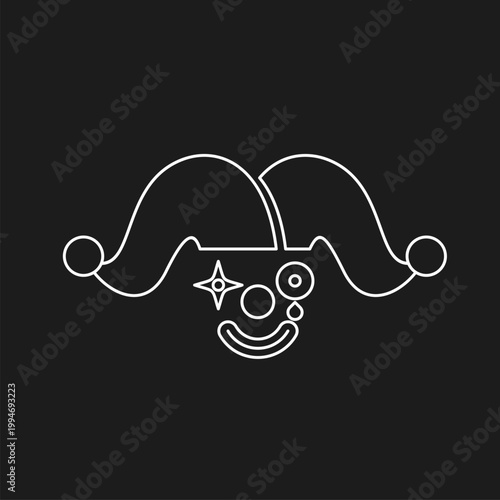 Minimalist Jester Clown Face Line Art Icon with Hat and Sparkle Eye