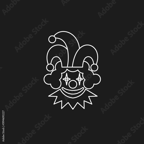 Jester Clown Face Line Art Icon with Hat and Star Eyes