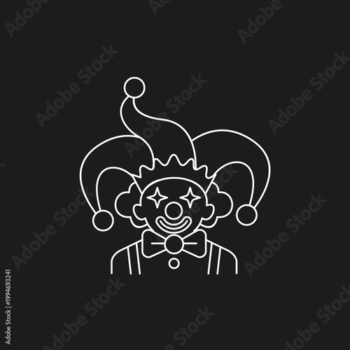 Minimalist Jester Clown Outline Icon with Hat, Star Eyes and Bow Tie