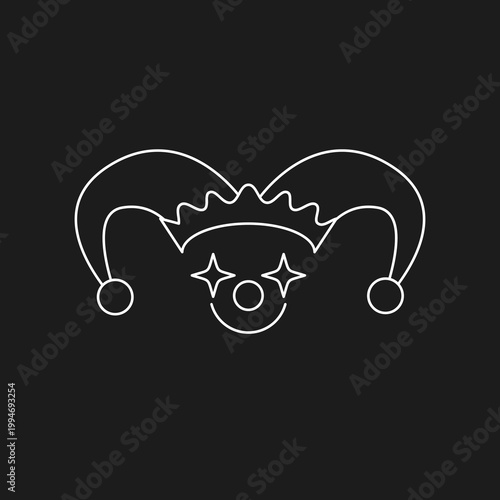 Jester Hat with Smiling Clown Face Line Art Icon on Black Background