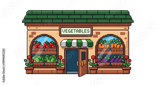 A delightful pixel art vegetable shop with a warm brick exterior, featuring colorful produce displays and an inviting open wooden doorway.