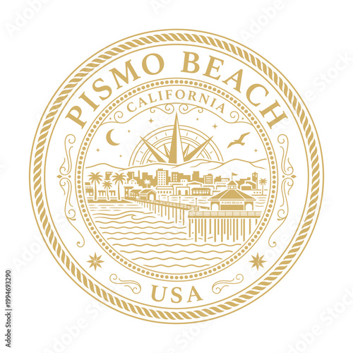 Vintage Pismo Beach California nautical seal with pier isolated vector illustration