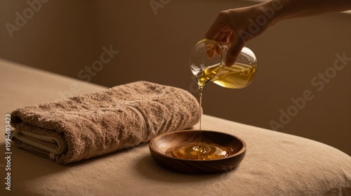 Warm Spa Setting with Essential Oil and Soft Towel on Massage Table