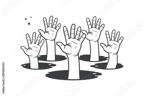Raised Hands Emerging from Ground Hole – Unity Support , teamwork, Line Art Vector Illustration