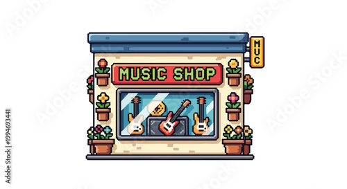 A pixel art vector of a music shop featuring electric guitars in the window display, adorned with colorful flower pots on its exterior walls.