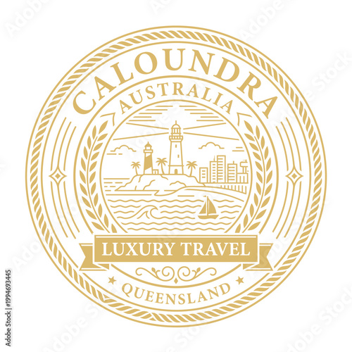 Caloundra Australia luxury travel emblem featuring lighthouse and coastal scenery vector illustration