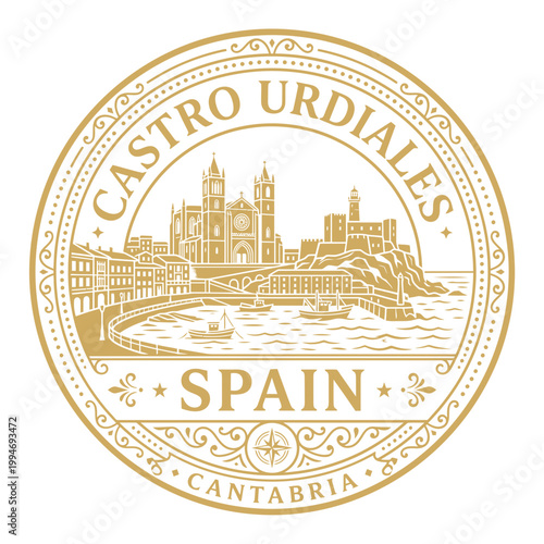 Castro Urdiales Spain travel seal with landmark cathedral and castle isolated on white background vector illustration