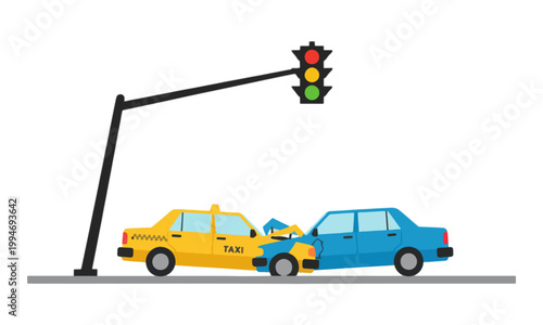 Taxi car crash collision under traffic light vector illustration