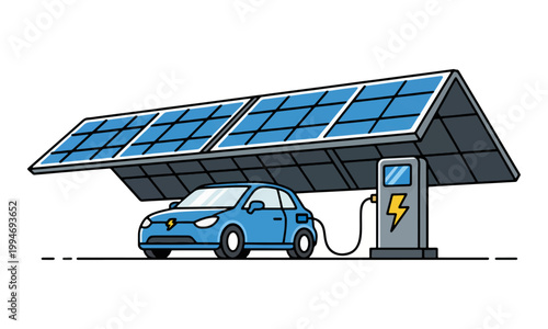 Electric Car Charging at Solar Powered Station Illustration