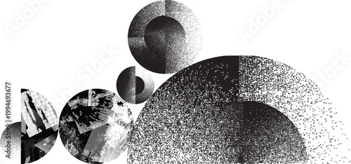 Textured black half circles composition .Graffiti art design . Noise textured semi circles . Spray effect .Grunge texture .Art design forms.Distressed element .Rough roller paint semicircles .Vector 