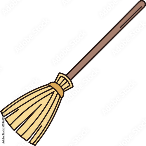 Traditional household broom with a wooden handle and light straw bristles cleaning tool