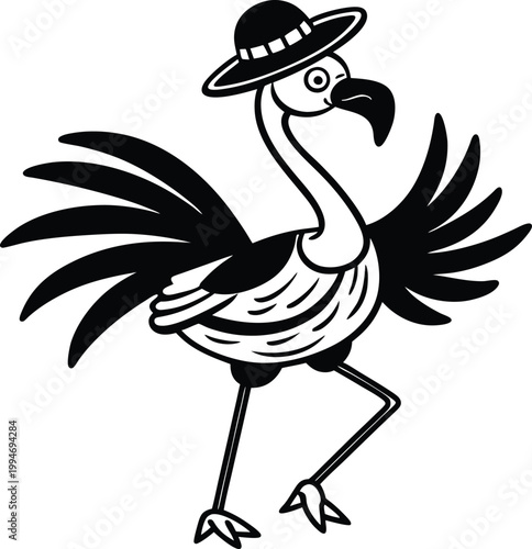 Whimsical flamingo character wearing a stylish hat elegantly strutting and posing