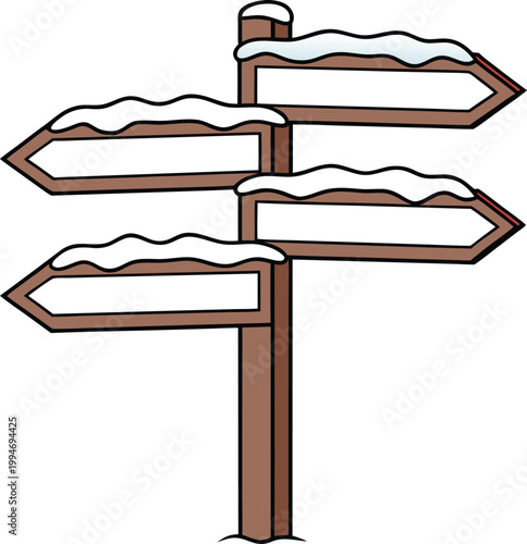 Wooden Signpost Adorned with Snow and Multiple Blank Directional Arrows for Custom Text