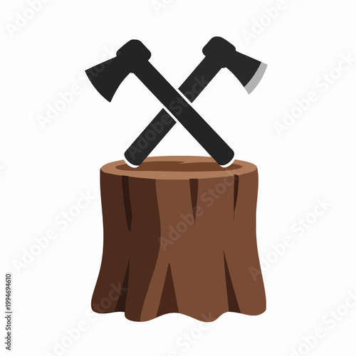Resilience and Recovery: Stylized Graphic of a Wooden Stump with Crossed Axes, Concept of Never Giving Up