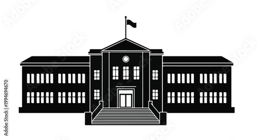 Black and White School Building Silhouette - Education, Architecture, and Academic Icon