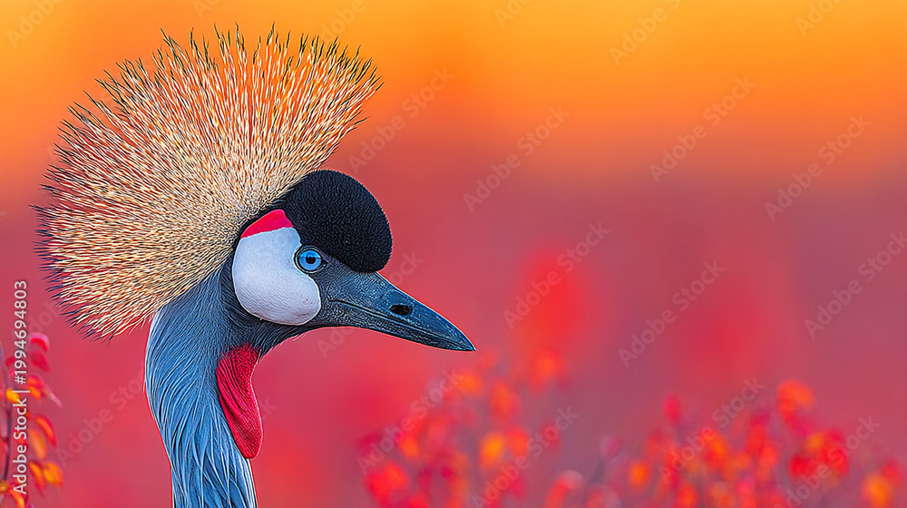 Fototapeta premium Grey crowned crane with golden crest against a orange and pink blurred background