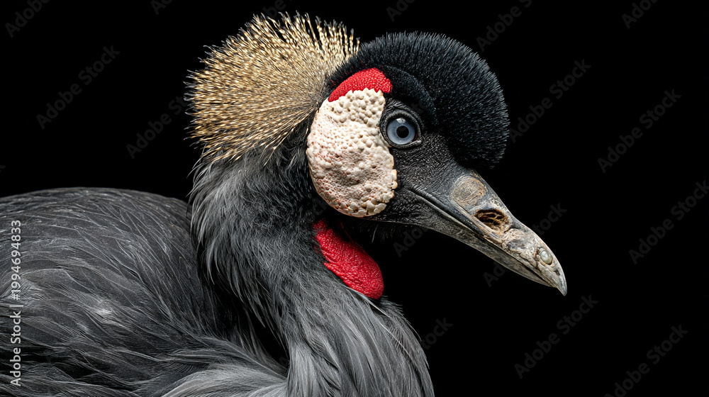 Fototapeta premium Close up portrait of a grey crowned crane with striking features and black, wildlife