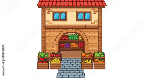 A charming cartoon vector of a two-story stone fruit shop with a red tiled roof and colorful crates of fresh produce displayed outside.