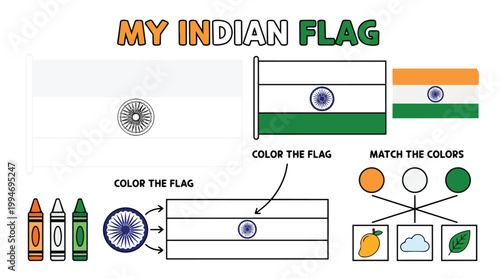 My Indian Flag coloring and matching activity sheet for kids to learn about national symbols and celebrate independence day