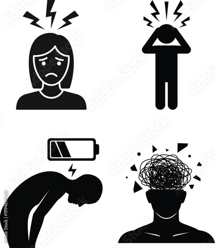 Mental health icons set, burnout and stress symptoms vector, psychological exhaustion and headache illustrations, emotional fatigue and anxiety symbols