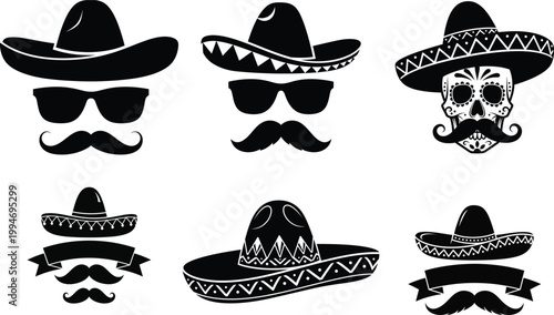Mexican sombrero and mustache vector set, black and white mariachi icons with sugar skull and sunglasses, traditional fiesta party graphic elements