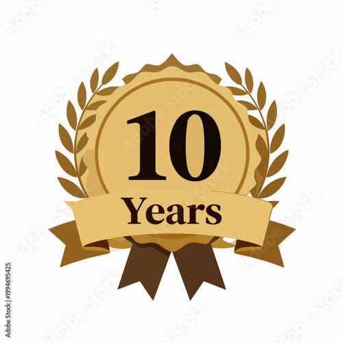 Elegant 10th Anniversary Badge Vector Illustration: Ornate Gold Milestone Award Emblem for Corporate Achievements