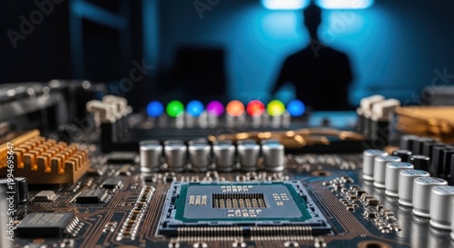 Computer motherboard and CPU with blurred technician in background