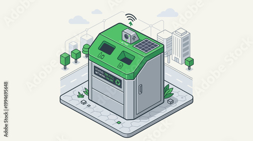 A green solar powered recycling bin with a digital screen sits on a sidewalk amidst trees and city buildings