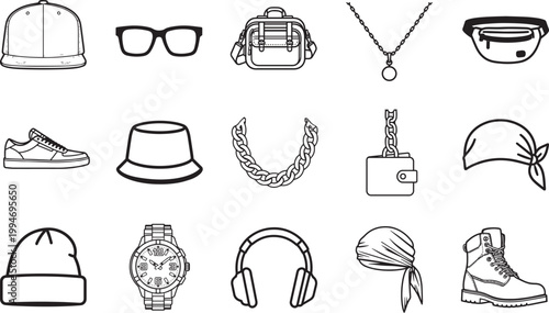 A stylish collection of urban accessories are artfully arranged in a monochromatic minimalist illustration. Capturing the essence of modern fashion through clean lines. 